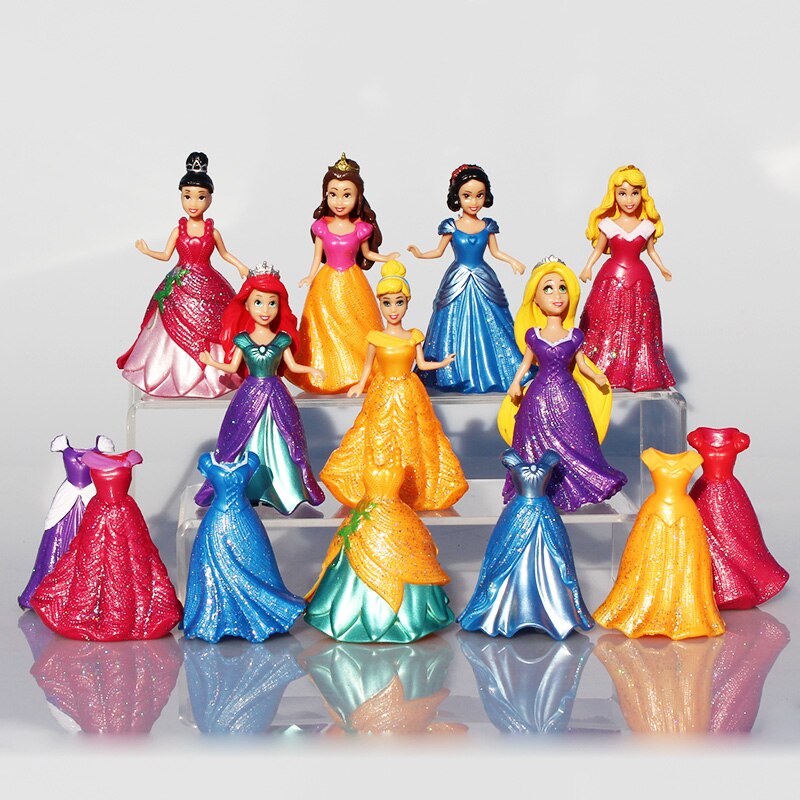14Pcs/Lot Princess Snow White Cinderella Mermaid Anime PVC Figure Set With Magic Clip Dress Baby Toys For Girls 9cm