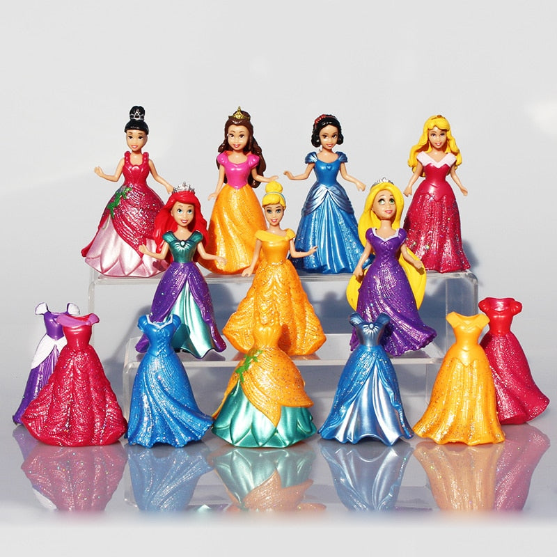 14pcs/set Princess Snow White Cinderella Mermaid Anime PVC Figure Set With Magic Clip Dress Baby Toy Toys For Girls 9cm
