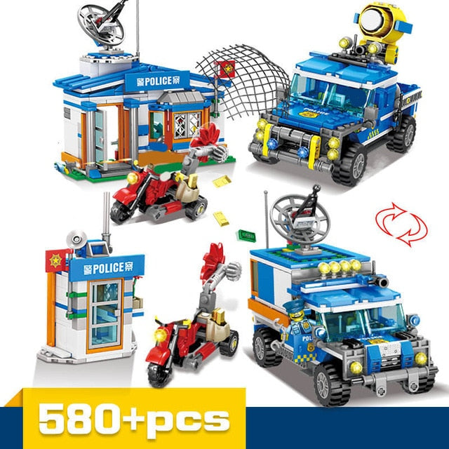 2 IN 1 City Police Station Building Blocks Set Police Helicopter Blocks Truck Vehicle Figure Creator Bricks For Children Gifts