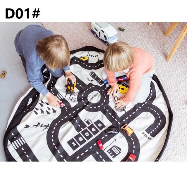 Creative Kids Play Mat Toys Storage Bag Road Pattern Portable Car Track Canvas Mat Baby Floor Creeping Round Racing Games Carpet
