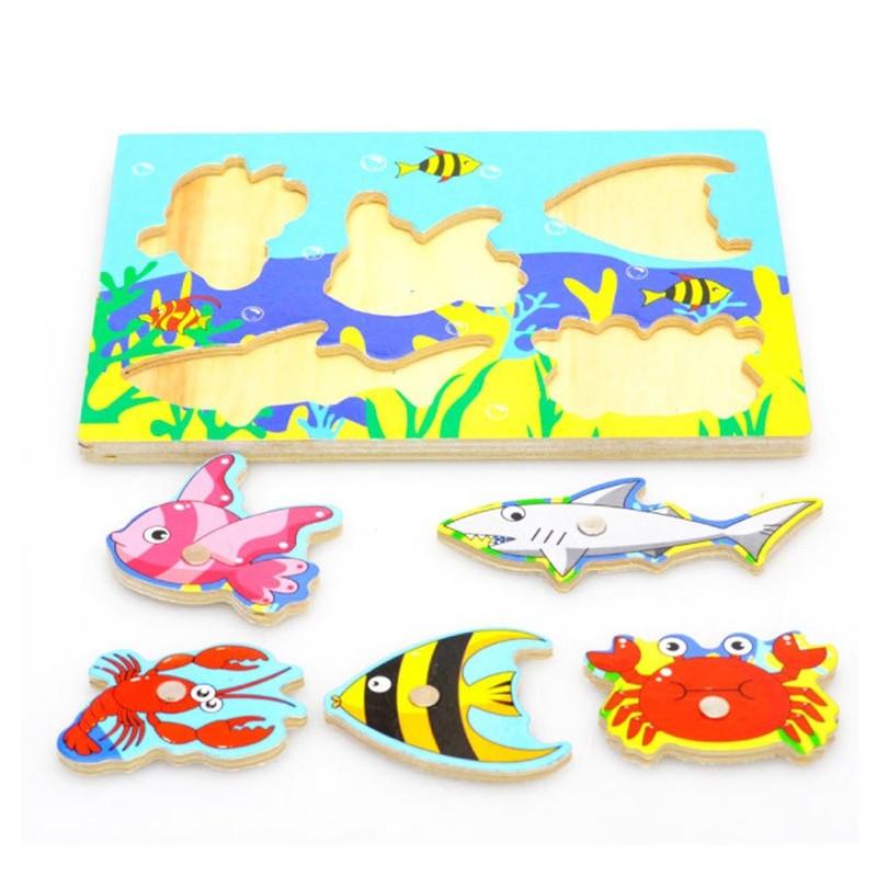 3D Baby Kid Wooden Magnetic Fishing Game Jigsaw Puzzle Toy Interesting Baby Children Educational Puzzles Interactive Games