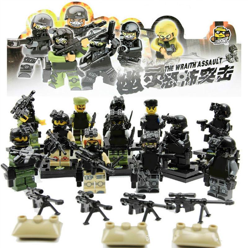 12pcs with 100 Weapons!!! Armed Force Mini SWAT The Wraith Assault figure Armas Ghost Commando Action Figure Building Block Toy