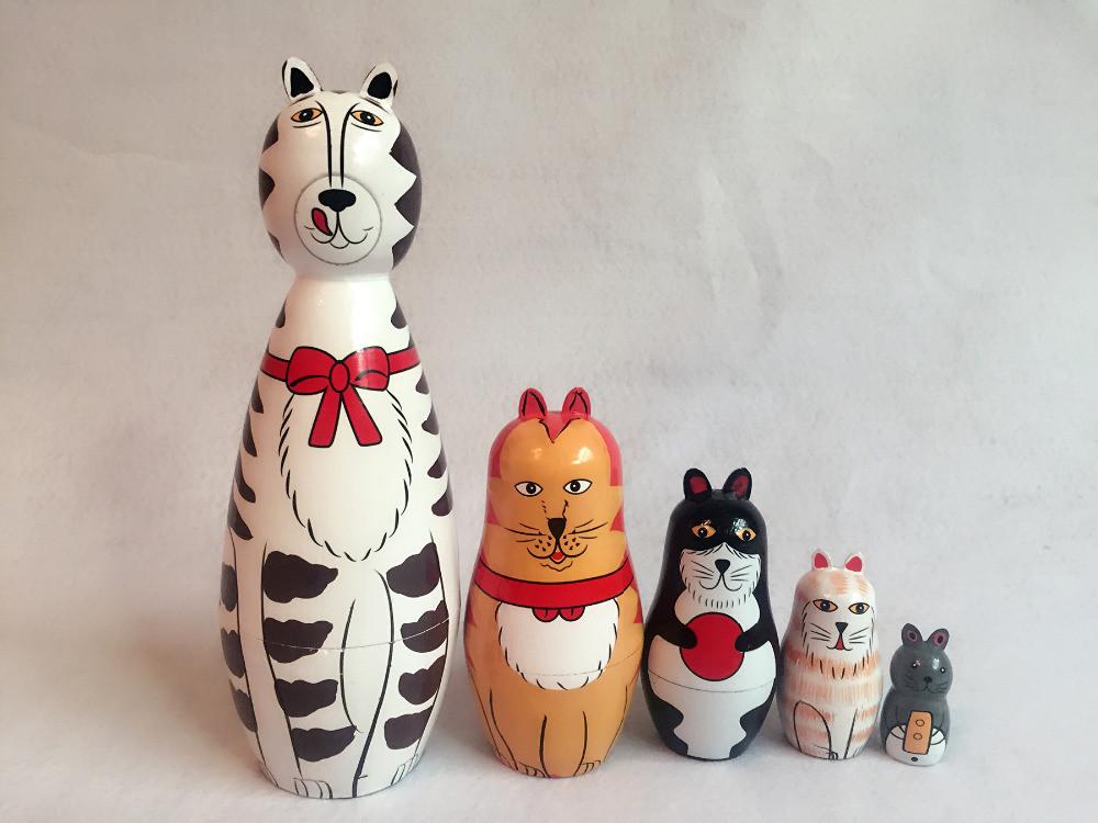 5pcs/lot Cat Russian Ethnic Wooden Toys Matryoshka Doll 19*4.3cm #1648 Action Figure Brinquedo Toy Kids Christmas Gift